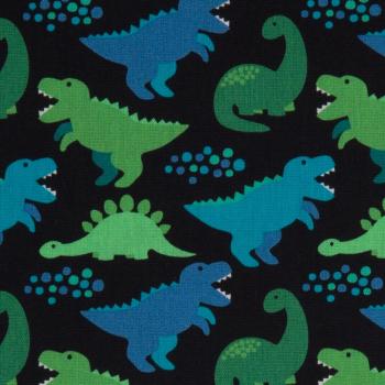 Baumwolldruck Dinos Blau/Grün auf Schwarz von Swafing